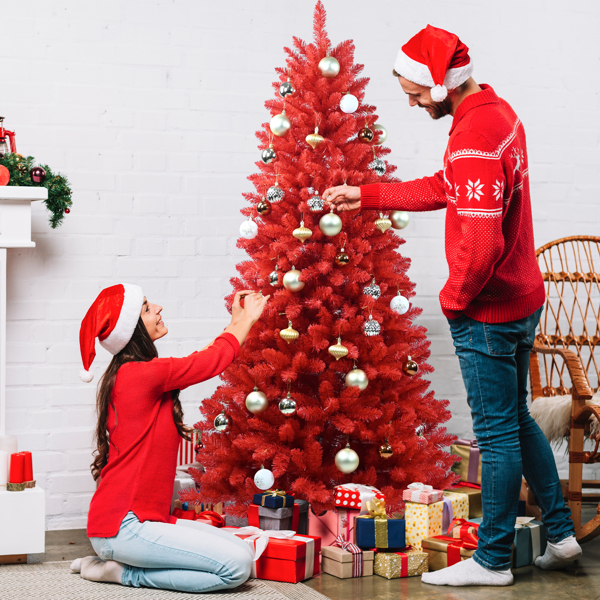 Red Christmas Tree Pure Red PVC Tree With 1066 Tips, Hinged Branches For Easy Setup, Stable Metal Stand, Bold Holiday Decoration