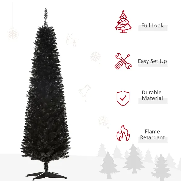 6 Ft Artificial Pencil Christmas Tree, Slim Xmas Tree With 390 Realistic Branch Tips And Plastic Stand, Black