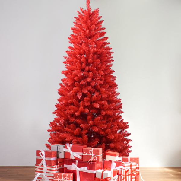 Red Christmas Tree Pure Red PVC Tree With 1066 Tips, Hinged Branches For Easy Setup, Stable Metal Stand, Bold Holiday Decoration
