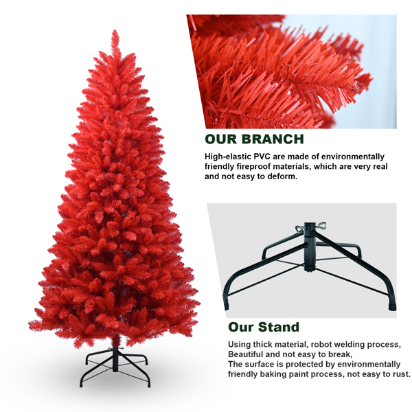 Red Christmas Tree Pure Red PVC Tree With 1066 Tips, Hinged Branches For Easy Setup, Stable Metal Stand, Bold Holiday Decoration